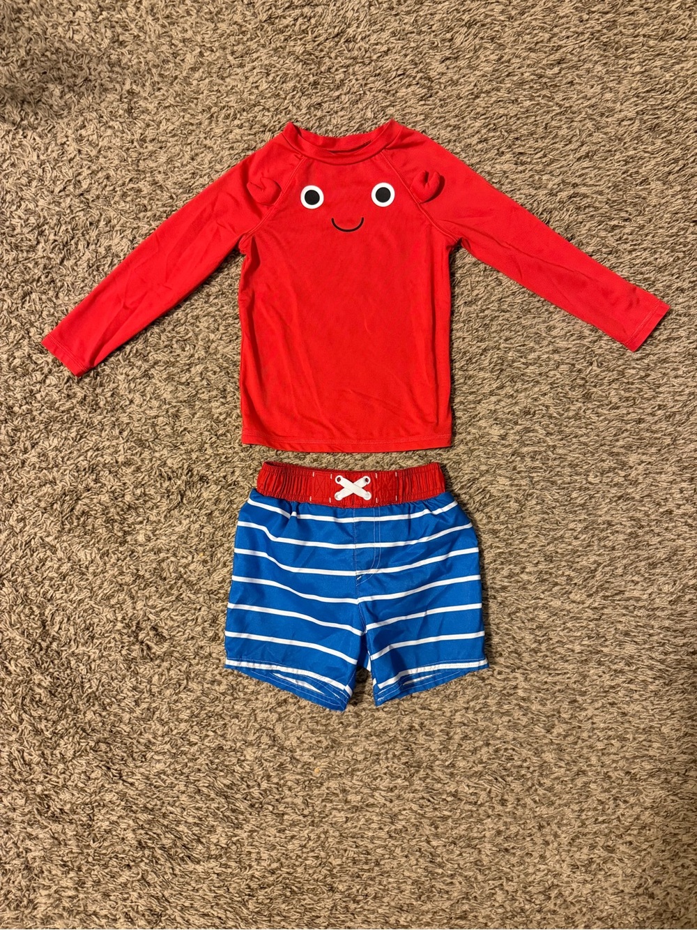 Cat & Jack Red Crab Rash Guard with Blue Striped Swim Shorts